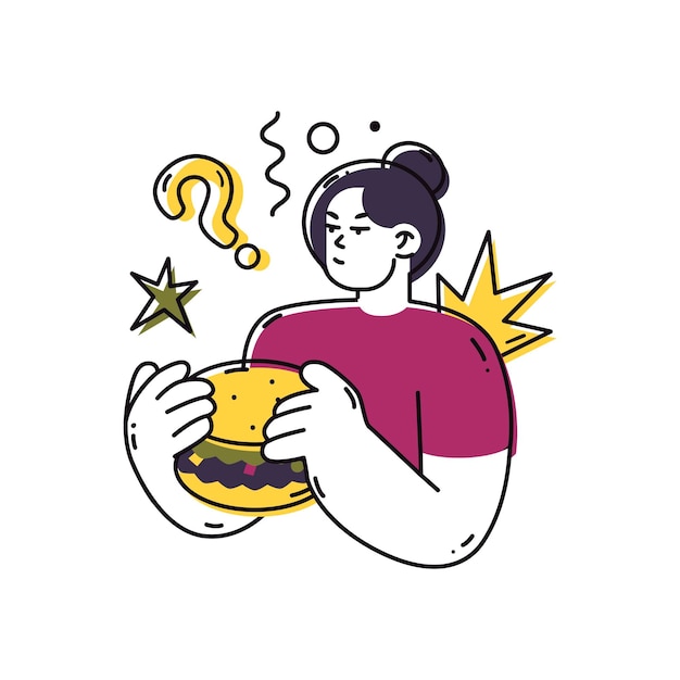 Una mujer piensa si vale la pena comer una hamburguesa comida rápida o un concepto de comida saludable elegir la nutrición adecuada rechazo de comida dulce y chatarra estilo plano en ilustración vectorial elemento aislado