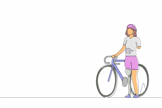 Vector una mujer con una pierna protésica de pie junto a su vector de diseño de bicicleta