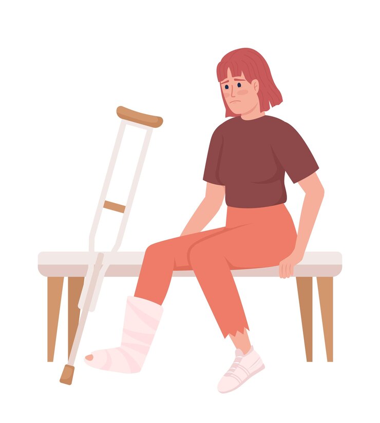 Mujer con pierna rota y carácter de vector de color semiplano de muleta