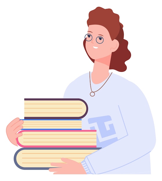 Mujer con pila de libros Estudio de personajes femeninos y aprender conocimientos aislados sobre fondo blanco