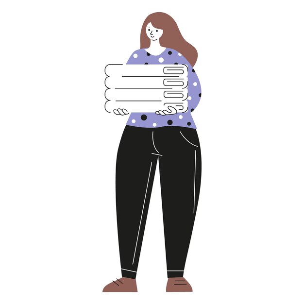 Mujer con una pila de ropa limpia. Ilustración de vector de estilo de dibujos animados. Aislado en un fondo blanco.