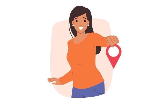 Mujer con pin GPS en las manos sonríe indicando la dirección de entrega o ayudando con la navegación