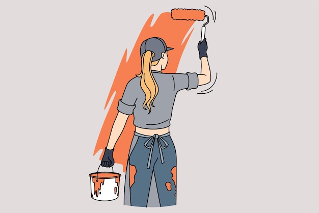 Vector mujer pintando la pared de la habitación con rodillo
