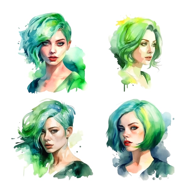 Mujer con pintura de acuarela de peinado verde