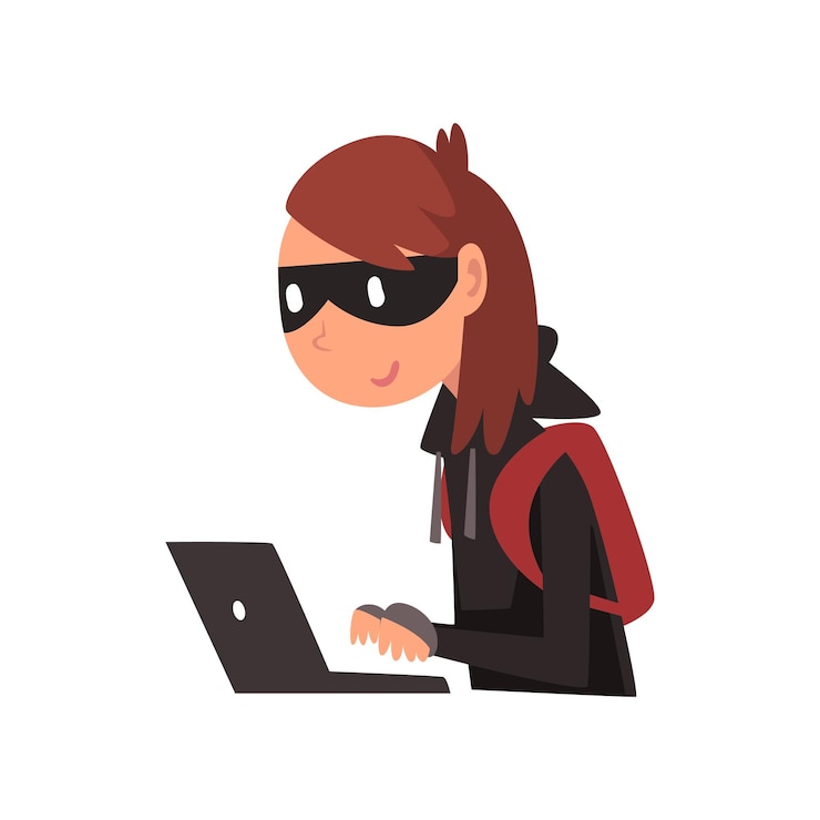 Vector una mujer pirata informática con máscara negra robando información de una computadora portátil crimen en internet tecnología de seguridad informática ilustración vectorial de dibujos animados sobre fondo blanco