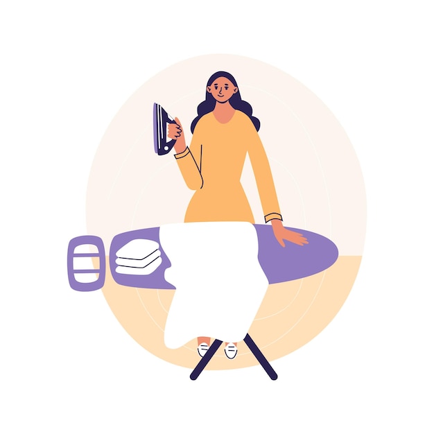 Mujer planchando en la tabla y doblando la ropa en casa Ama de casa haciendo el trabajo diario de rutina Dibujo vectorial de dibujos animados planos Colores de moda aislados en fondo blanco