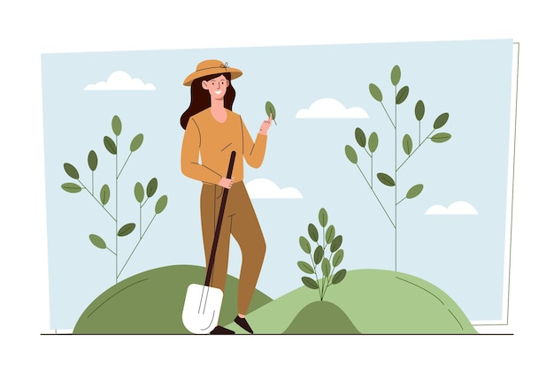 Vector mujer plantando arbol