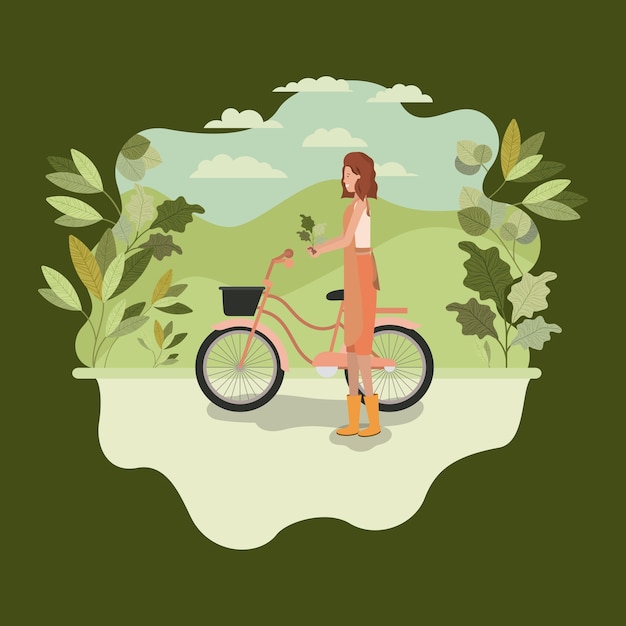Mujer plantando árboles en el parque con bicicleta