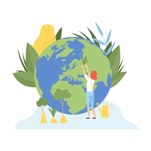 Mujer plantando árboles Voluntarios cuidando del planeta Ecología Medio ambiente Protección de la naturaleza Ilustración de vector plano