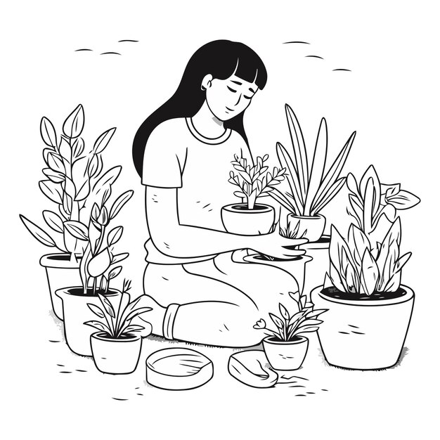 Mujer plantando plantas de interior en estilo doodle