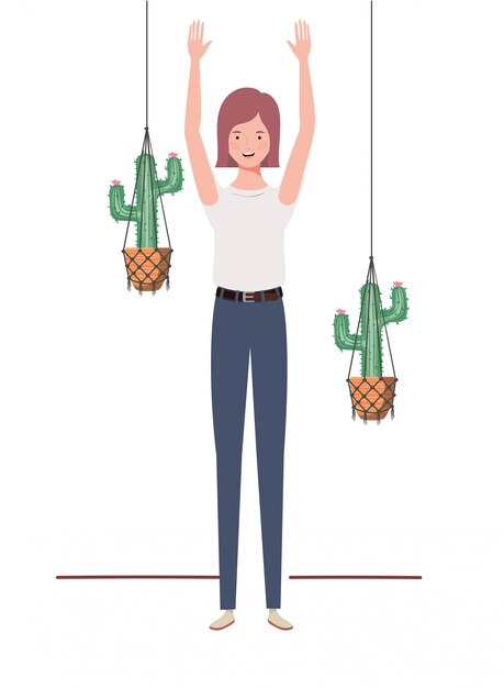 Vector mujer con plantas de interior y perchas de macramé