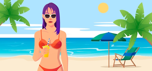 Vector mujer, en la playa, bebida, cóctel, verano, vacaciones, ilustración
