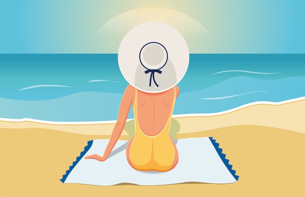 La mujer en la playa mira a lo lejos en el sol. ilustración