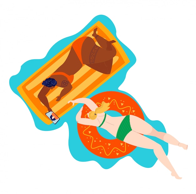 Mujer de playa positiva del cuerpo en trajes de baño, verano verano tallas grandes gordas caucásicas y chicas de piel negra aisladas en blanco ilustración plana.