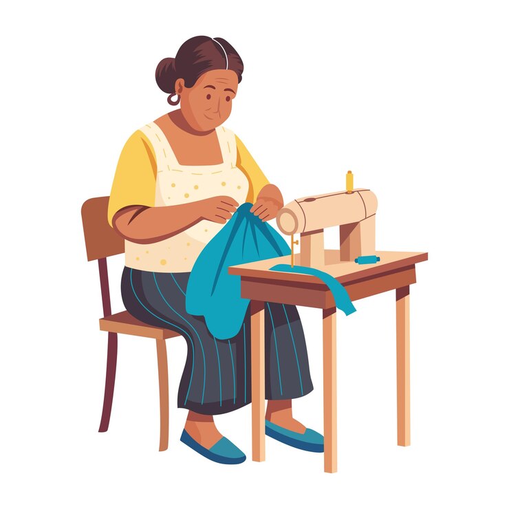 Vector una mujer pobre cosiendo una ilustración de ropa en estilo plano