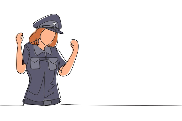 Mujer policía de dibujo continuo de una línea con gesto de celebración y gráfico vectorial de diseño uniforme