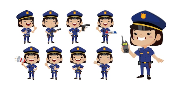 mujer policía, con, diferente, posturas, vector