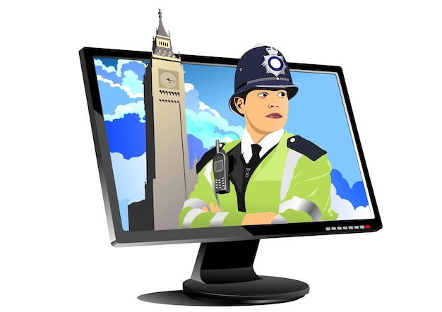 Mujer policía de Londres abstracto con radio walkietalkie en la pantalla de la computadora