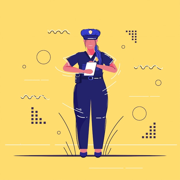 mujer policía oficial escribir informe estacionamiento multa mujer policía en uniforme seguridad autoridad justicia bajo servicio concepto bosquejo integral