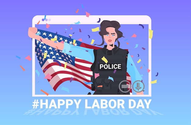 Mujer policía en uniforme sosteniendo la bandera de Estados Unidos feliz celebración del día del trabajo