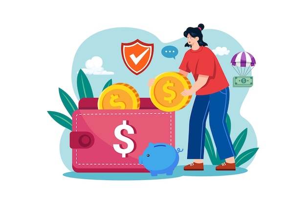 mujer pone dinero en su bolso