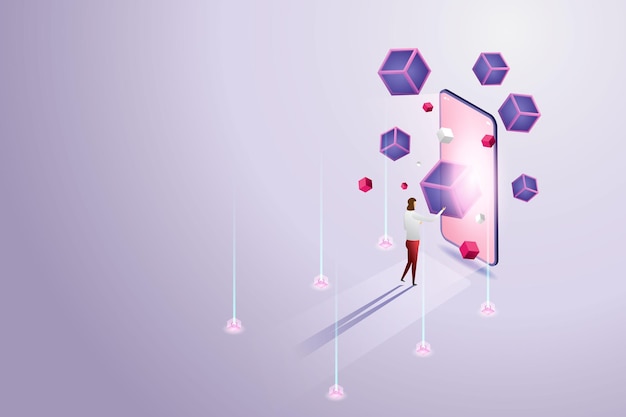 Mujer se pone de pie y experimenta la tecnología Blockchain para smartphone