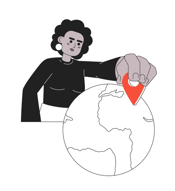 Mujer pone pin de ubicación en el mapa concepto monocromático ilustración de punto vectorial Viajero seleccionando lugar 2D plano bw personaje de dibujos animados en blanco para diseño de interfaz de usuario web Imagen de héroe dibujada a mano aislada editable