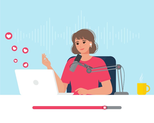 Mujer con portátil y micrófono en auriculares Concepto de creación de entrevistas de blogs de podcast