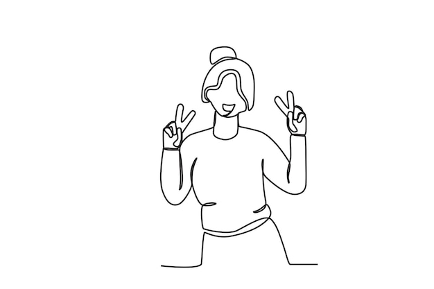 Una mujer posa un saludo con dos dedos Dibujo de una línea del Día mundial de la sonrisa