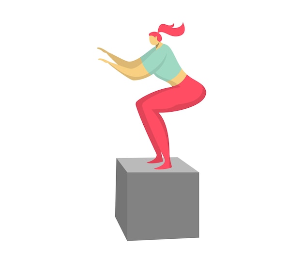 Mujer en una pose dinámica en un cubo que se extiende hacia adelante con pantalones rojos y camisa verde de estilo moderno