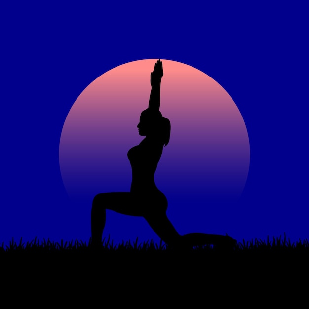 Una mujer en una pose de yoga contra un cielo azul con la luna al fondo.