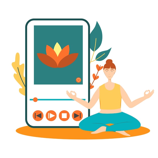 Mujer en pose de yoga con música relajante clipart