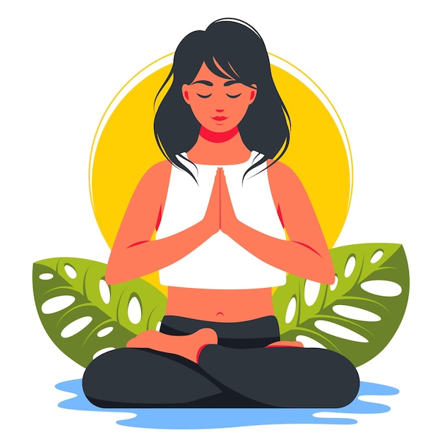 Mujer en posición de loto y meditando en la naturaleza y se va. ilustración del concepto de yoga, meditación, relajación, recreación, estilo de vida saludable. ilustración de vector de estilo de dibujos animados plana.