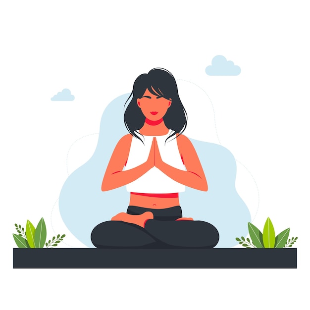 Mujer en posición de loto y meditando en la naturaleza y se va. Ilustración del concepto de yoga, meditación, relajación, recreación, estilo de vida saludable. Ilustración de vector de estilo de dibujos animados plana.