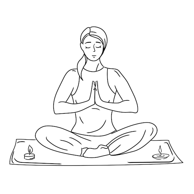 Mujer en posición de loto meditando practicando yoga en la ilustración de vector matmonocromo aislado