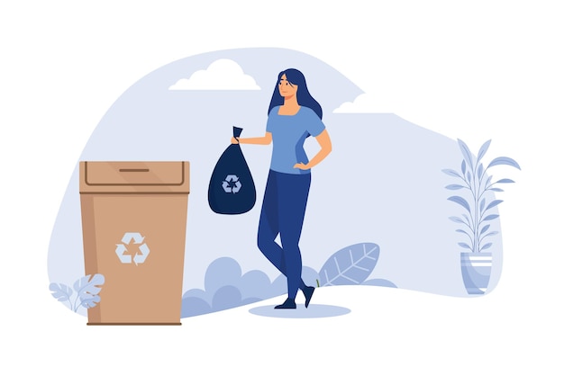 Mujer positiva tirando basura reutilizable Reciclaje y concepto de vacaciones