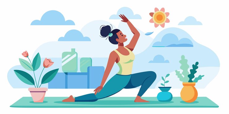 Vector una mujer en una postura de yoga en una habitación soleada con flores y plantas