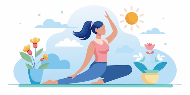 una mujer en una postura de yoga en una habitación soleada con flores y plantas