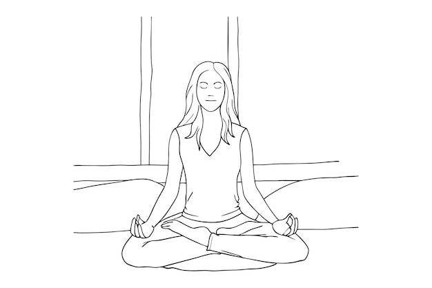 Mujer postura de yoga meditación cuerpo saludable y relajación concepto una línea de arte dibujo ilustración