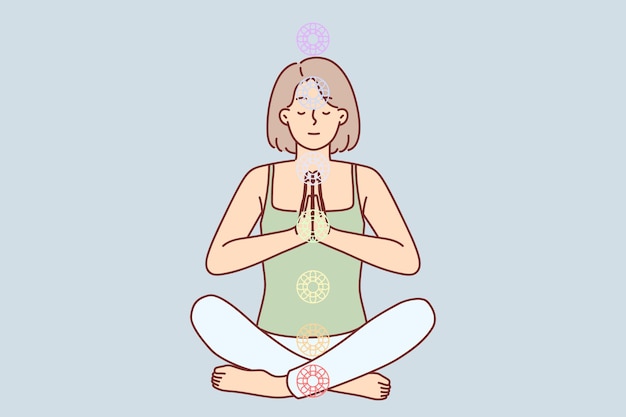 Vector mujer practica yoga sentada en la posición del loto para limpiar el aura y activar los chakras