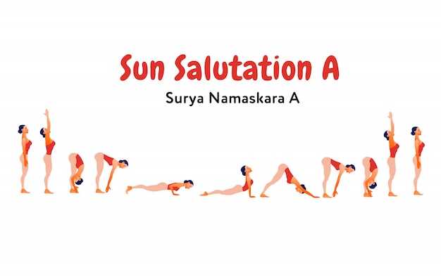 Mujer practicando el saludo al sol (surya namaskar). diseño de infografías para estudio de yoga. dia internacional del yoga