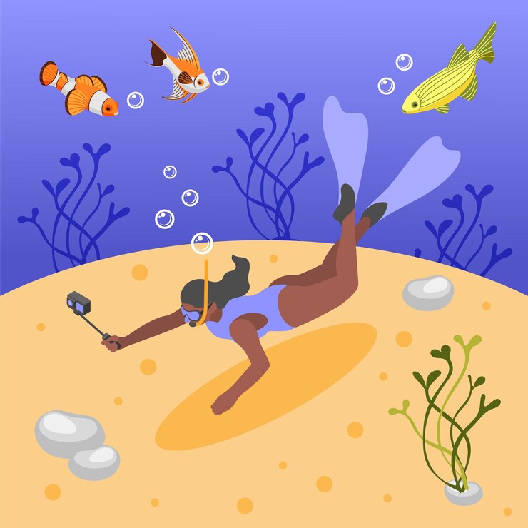 Vector mujer practicando snorkel y filmando video en cámara de acción ilustración de vector de fondo isométrico submarino