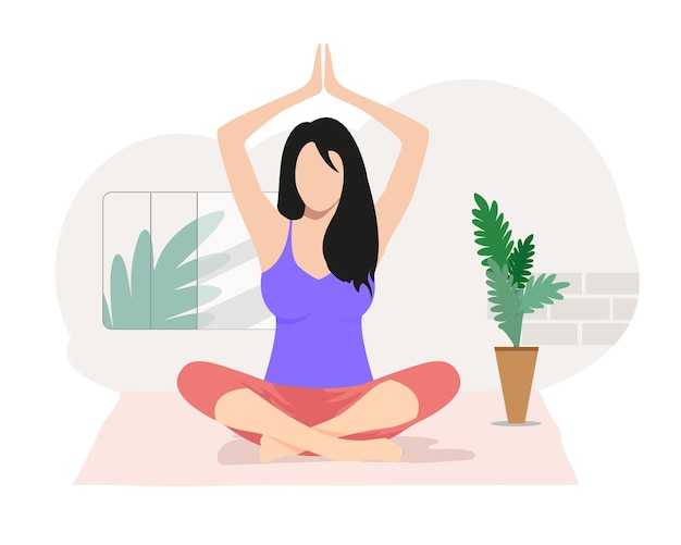 Mujer practicando Sukhasana pose o Namaste Padmasana pose yoga Yoga Asana Vector Ilustración
