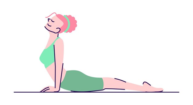 Mujer practicando urdhva mukha svanasana ejercicio ilustración vectorial plana. práctica de yoga chica haciendo pose de perro boca arriba personaje de dibujos animados aislado con elementos de contorno sobre fondo blanco