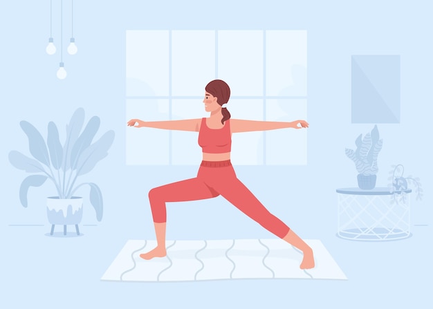 Mujer practicando yoga en casa ilustración de vector de color plano