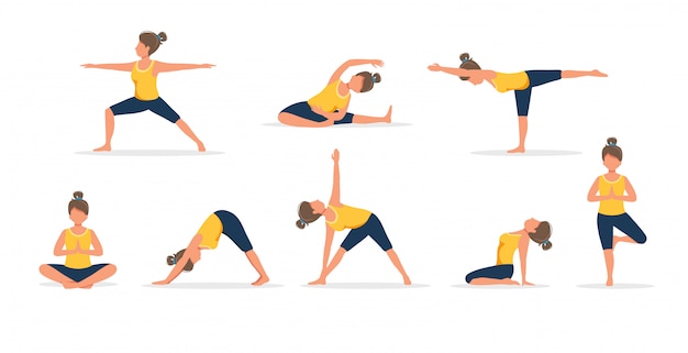 Mujer practicando yoga, conjunto de diferentes poses. Estilo de vida saludable.