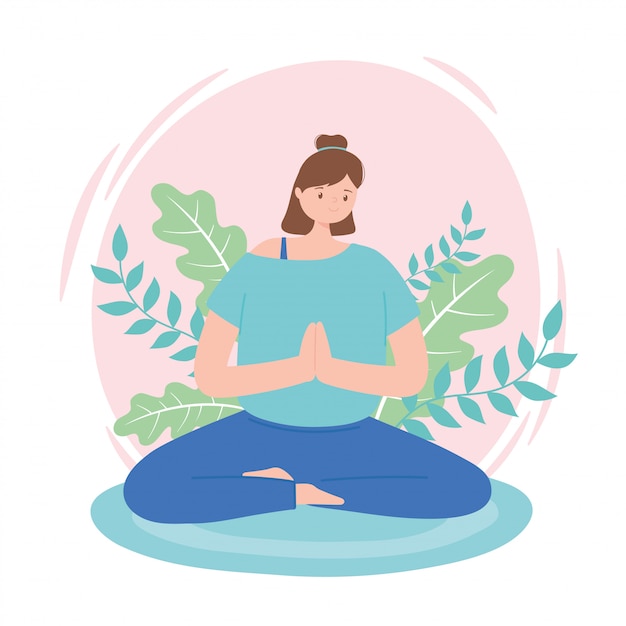 Mujer practicando yoga ejercicios de postura de loto, estilo de vida saludable, práctica física y espiritual ilustración