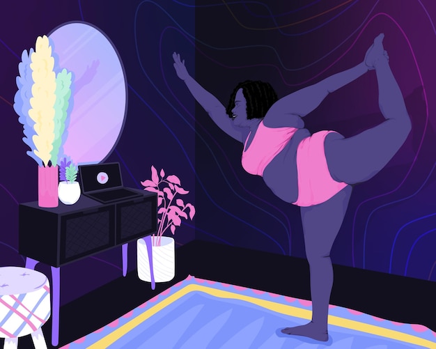 Mujer practicando yoga fitness ejercicio en casa vector ilustración