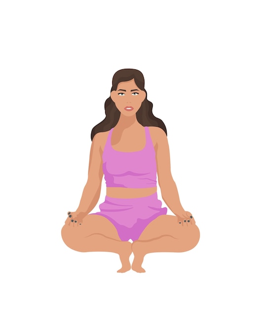 Mujer practicando yoga. Una mujer medita sobre un fondo blanco. Linda ilustración vectorial en piso