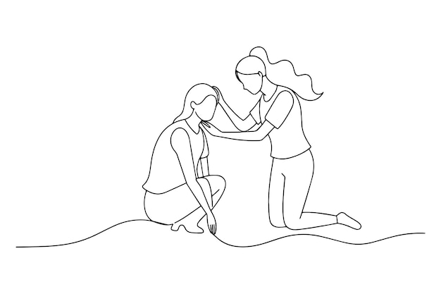 Mujer preocupada consolando a un amigo deprimido Una línea continua de línea de arte vectorial ilustración en fondo blanco